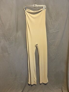 Ribbed Wide-Leg Jumpsuit Pants in Light Beige Strapless Casual